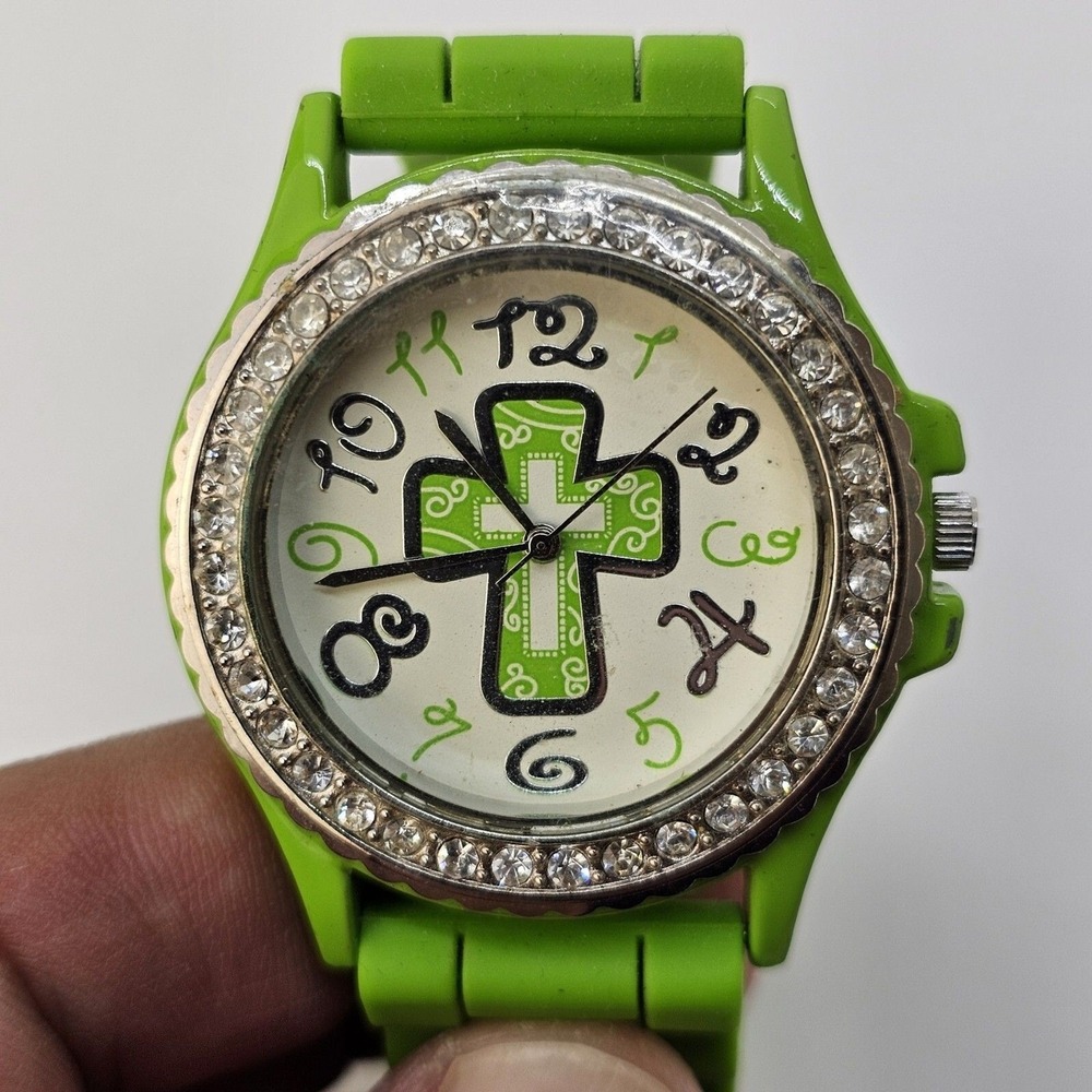 Women's Watch 38MM White Dial Cross on Dial‎ Religious Green Bands New Battery